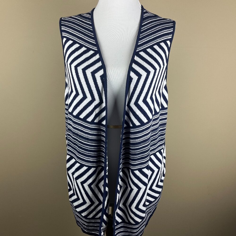 Chico's Sleeveless Open Cardigan Sweater Size M (Chico's 1) Dark Navy Blue White